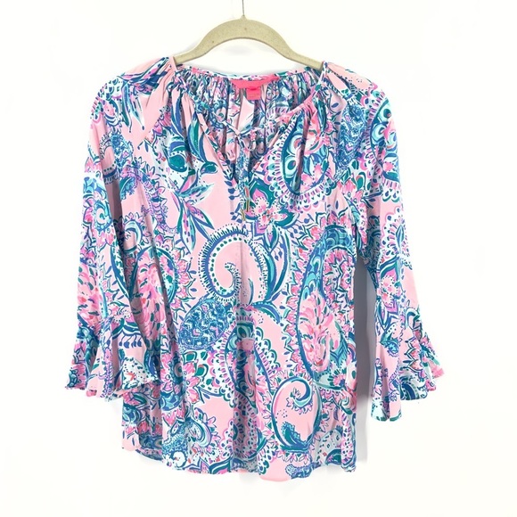 Lilly Pulitzer Womens Willa Flounce Sleeve Top Size XXS Pink Blue Tropical Print - Picture 11 of 11